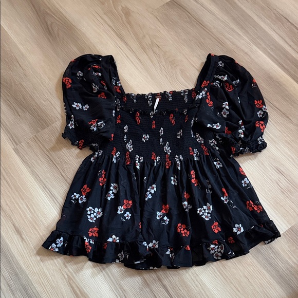 Free People Tops - Free People Black Floral Smocked Top